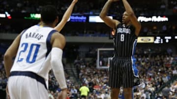 Mar 18, 2015; Dallas, TX, USA; Orlando Magic forward Channing Frye (8) shoots against the Dallas Mavericks at American Airlines Center. The Mavs beat the Magic 107-102. Mandatory Credit: Matthew Emmons-USA TODAY Sports