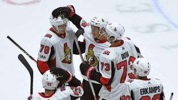 TORONTO, ON - SEPTEMBER 10: Ottawa Senators Defenceman Maxime Lajoie (58) is congratulated after scoring the winning shootout goal during the NHL preseason Rookie Tournament game between the Ottawa Senator and Toronto Maple Leafs on September 10, 2017 at Ricoh Coliseum in Toronto, ON.(Photo by Gerry Angus/Icon Sportswire via Getty Images)