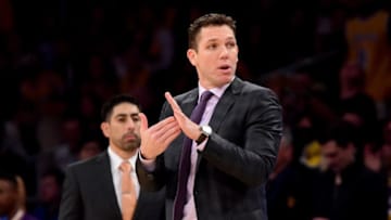 LOS ANGELES, CA - DECEMBER 18: Head coach Luke Walton of the Los Angeles Lakers calls a time out in the first quarter against the Golden State Warriors at Staples Center on December 18, 2017 in Los Angeles, California. NOTE TO USER: User expressly acknowledges and agrees that, by downloading and or using this photograph, User is consenting to the terms and conditions of the Getty Images License Agreement. (Photo by Harry How/Getty Images)