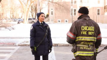 CHICAGO FIRE -- "Hot and Fast" Episode 1016 -- Pictured: (l-r) Andy Allo as Seager, Taylor Kinney as Kelly Severide -- (Photo by: Adrian S. Burrows Sr./NBC)