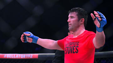 INGLEWOOD, CA - JANUARY 20: Referee Mike Beltran raises the arm of Chael Sonnen (blue gloves) as he defeated Quinton Jackson (not pictured) in their Heavyweight World Title fight at Bellator 192 at The Forum on January 20, 2018 in Inglewood, California. (Photo by Jayne Kamin-Oncea/Getty Images)