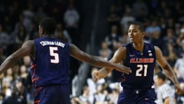 Nov 18, 2015; Providence, RI, USA; Illinois Fighting Illini guard Jalen Coleman-Lands (5) and guard Malcolm Hill (21) celebrate during the first half of a game against the Providence Friars at Dunkin Donuts Center. Mandatory Credit: Mark L. Baer-USA TODAY Sports