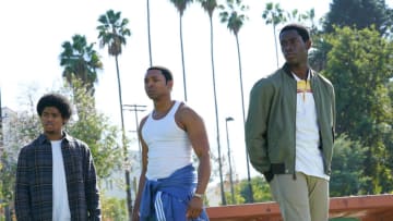 SNOWFALL -- "Prometheus Rising" -- Season 2, Episode 3 (Airs Thursday, August 2, 10:00 pm ET/PT) -- Pictured: (l-r) Isaiah John as Leon Simmons, Malcolm Mays Kevin Hamilton, Damson Idris as Franklin Saint. CR: Byron Cohen/FX