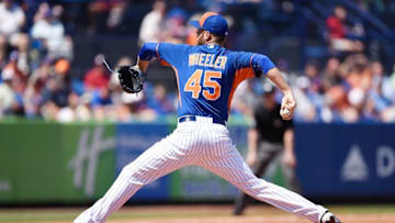 Mar 9, 2015; Port St. Lucie, FL, USA; New York Mets starting pitcher Zack Wheeler (45) throws in the spring training baseball game against the Miami Marlins at Tradition Field. Mandatory Credit: Brad Barr-USA TODAY Sports