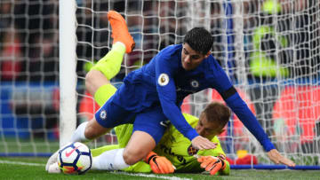 LONDON, ENGLAND - APRIL 08: Alvaro Morata of Chelsea clashes with Joe Hart of West Ham United during the Premier League match between Chelsea and West Ham United at Stamford Bridge on April 8, 2018 in London, England. (Photo by Shaun Botterill/Getty Images)