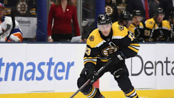 UNIONDALE, NEW YORK - FEBRUARY 29: Charlie Coyle #13 of the Boston Bruins skates against the New York Islanders at NYCB Live's Nassau Coliseum on February 29, 2020 in Uniondale, New York. The Bruins shut-out the Islanders 4-0. (Photo by Bruce Bennett/Getty Images)
