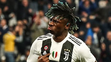 Juventus' Italian forward Moise Kean celebrates after scoring during the Italian Serie A football match Juventus vs AC Milan on April 6, 2019 at the Juventus stadium in Turin. (Photo by Isabella BONOTTO / AFP) (Photo credit should read ISABELLA BONOTTO/AFP via Getty Images)