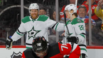 NEWARK, NEW JERSEY - FEBRUARY 01: Joel Kiviranta #25 of the Dallas Stars celebrates his third period goal with teammate Joe Pavelski #16 as P.K. Subban #76 of the New Jersey Devils looks on at Prudential Center on February 01, 2020 in Newark, New Jersey. (Photo by Jim McIsaac/Getty Images)