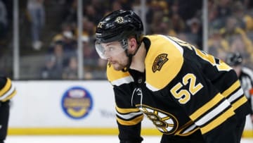 BOSTON, MA - APRIL 27: Boston Bruins center Sean Kuraly (52) waits for a defensive zone face off during Game 2 of the Second Round 2019 Stanley Cup Playoffs between the Boston Bruins and the Columbus Blue Jackets on April 27, 2019, at TD Garden in Boston, Massachusetts. (Photo by Fred Kfoury III/Icon Sportswire via Getty Images)