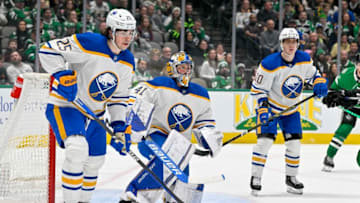 Jan 23, 2023; Dallas, Texas, USA; Buffalo Sabres defenseman Owen Power (25) and goaltender Craig Anderson (41) and defenseman Henri Jokiharju (10) face the Dallas Stars attack during the second period at the American Airlines Center. Mandatory Credit: Jerome Miron-USA TODAY Sports