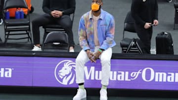 ORLANDO, FL - APRIL 26: LeBron James #23 of the Los Angeles Lakers reacts to a play against the Orlando Magic during the second half at Amway Center on April 26, 2021 in Orlando, Florida. NOTE TO USER: User expressly acknowledges and agrees that, by downloading and or using this photograph, User is consenting to the terms and conditions of the Getty Images License Agreement. (Photo by Alex Menendez/Getty Images)
