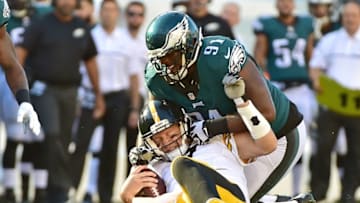Sep 25, 2016; Philadelphia, PA, USA; Philadelphia Eagles defensive tackle Fletcher Cox (91) tackles Pittsburgh Steelers quarterback Ben Roethlisberger (7) during the second quarter at Lincoln Financial Field. Mandatory Credit: Eric Hartline-USA TODAY Sports