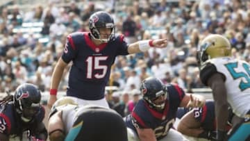 Oct 18, 2015; Jacksonville, FL, USA; Houston Texans quarterback Ryan Mallett (15) calls out a play in the fourth quarter against the Jacksonville Jaguars at EverBank Field. The Houston Texans won 31-20. Mandatory Credit: Logan Bowles-USA TODAY Sports