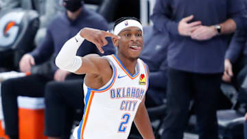 OKC Thunder guard Shai Gilgeous-Alexander (2) celebrates after scoring a basket : Alonzo Adams-USA TODAY Sports