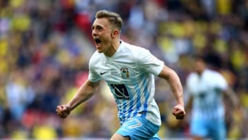 LONDON, ENGLAND - APRIL 02: Coventry's George Thomas celebrates after scoring the teams second goal of the game during the EFL Checkatrade Trophy Final between Coventry City and Oxford United at Wembley Stadium on April 2, 2017 in London, England. (Photo by Charlie Crowhurst/Getty Images)
