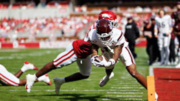 FAYETTEVILLE, ARKANSAS - OCTOBER 21: Zavion Thomas #1 of the Mississippi State Bulldogs steps out of bounds right before the goal line in the first half against Alfahiym Walcott #13 of the Arkansas Razorbacks at Donald W. Reynolds Razorback Stadium on October 21, 2023 in Fayetteville, Arkansas. (Photo by Wesley Hitt/Getty Images)