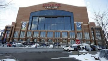 Jan 4, 2014; Indianapolis, IN, USA; An exterior view of Lucas Oil Stadium before the Indianapolis Colts play against the Kansas City Chiefs in the 2013 AFC wild card playoff football game at Lucas Oil Stadium. Mandatory Credit: Brian Spurlock-USA TODAY Sports