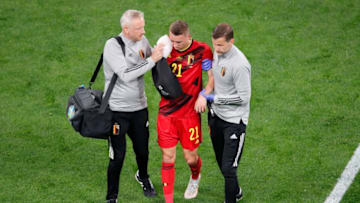 Belgium's defender Timoty Castagne (C) (Photo by ANTON VAGANOV / POOL / AFP) (Photo by ANTON VAGANOV/POOL/AFP via Getty Images)