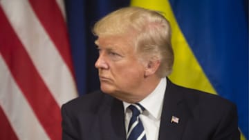 NEW YORK CITY, USA - SEPTEMBER 21, 2017: US President Donald Trump looks on during talks with Ukraine's President Petro Poroshenko on the sidelines of the 72nd session of United Nations (UN) General Assembly. Mikhail Palinchak/Press Office of the President of Ukraine/TASS (Photo by Mikhail PalinchakTASS via Getty Images)
