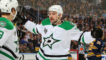BUFFALO, NY - JANUARY 20: Mattias Janmark #13 of the Dallas Stars celebrates his first period goal against the Buffalo Sabres with Devin Shore #17 during an NHL game on January 20, 2018 at KeyBank Center in Buffalo, New York. (Photo by Rob Marczynski/NHLI via Getty Images)