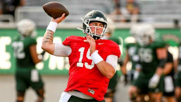 Michigan State's Anthony Russo throws a pass during the Meet the Spartans open practice on Monday, Aug. 23, 2021, at Spartan Stadium in East Lansing.210823 Meet The Spartans Football 152a