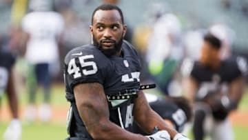 Sep 1, 2016; Oakland, CA, USA; Oakland Raiders fullback Marcel Reece (45) stretches before the game Seattle Seahawks at Oakland Coliseum. Mandatory Credit: Kelley L Cox-USA TODAY Sports