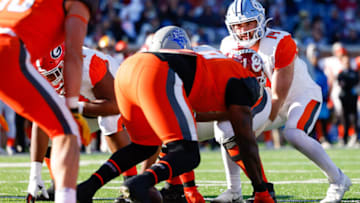 Feb 5, 2022; Mobile, AL, USA; American squad quarterback Sam Howell of North Carolina (14) in the second half against the National squad at Hancock Whitney Stadium. Mandatory Credit: Nathan Ray Seebeck-USA TODAY Sports