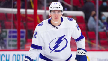 Mar 27, 2021; Raleigh, North Carolina, USA; Tampa Bay Lightning defenseman Cal Foote (52) watches the puck against the Carolina Hurricanes at PNC Arena. Mandatory Credit: James Guillory-USA TODAY Sports