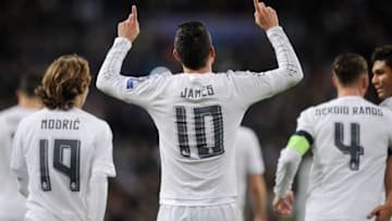 MADRID, SPAIN - MARCH 08: James Rodriguez of Real Madrid celebrates scoring his team's second goal during the UEFA Champions League Round of 16 Second Leg match between Real Madrid and Roma at Estadio Santiago Bernabeu on March 8, 2016 in Madrid, Spain. (Photo by Denis Doyle/Getty Images)