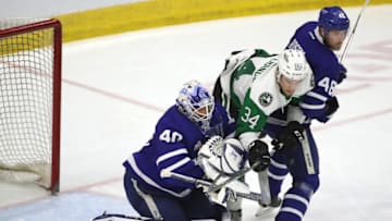 TORONTO, ON- JUNE 3 - Toronto Marlies goaltender Garret Sparks (40) watch a rebound flies between him and Joel L'Esperance and Calle Rosen as the Toronto Marlies lose 2-1 to the Texas Stars in game two of the AHL Calder Cup Finals at Ricoh Coliseum in Toronto. June 3, 2018. The series is tied at a game a piece. (Steve Russell/Toronto Star via Getty Images)
