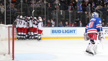 NEW YORK, NY - DECEMBER 27: The Columbus Blue Jackets celebrate an overtime win against Henrik Lundqvist #30 and the New York Rangers at Madison Square Garden on December 27, 2018 in New York City. (Photo by Jared Silber/NHLI via Getty Images)