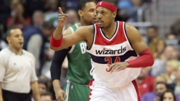 Dec 8, 2014; Washington, DC, USA; Washington Wizards forward Paul Pierce (34) celebrates after scoring during the first quarter against the Boston Celtics at Verizon Center. Mandatory Credit: Tommy Gilligan-USA TODAY Sports
