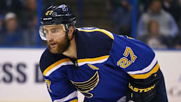 May 17, 2016; St. Louis, MO, USA; St. Louis Blues defenseman Alex Pietrangelo (27) against the San Jose Sharks in game two of the Western Conference Final of the 2016 Stanley Cup Playoff at Scottrade Center. The Sharks won 4-0. Mandatory Credit: Aaron Doster-USA TODAY Sports
