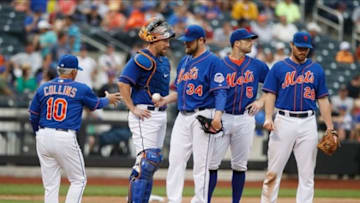 June 30, 2013; New York, NY, USA; New York Mets manager Terry Collins (10) takes he ball from relief pitcher Brandon Lyon (34) in the 8th inning against the Washington Nationals at Citi Field. Mandatory Credit: William Perlman/The Star-Ledger via USA TODAY Sports