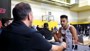 Omer Yurtseven #77 of the Miami Heat is interviewed during media day at FTX Arena (Photo by Megan Briggs/Getty Images)