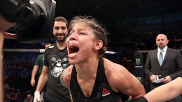 SAO PAULO, BRAZIL - SEPTEMBER 22: Mayra Bueno Silva of Brazil celebrates after defeating Gillian Robertson of Canada by submission in their women's flyweight bout during the UFC Fight Night event at Ibirapuera Gymnasium on September 22, 2018 in Sao Paulo, Brazil. (Photo by Buda Mendes/Zuffa LLC/Zuffa LLC via Getty Images)