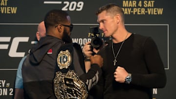 LAS VEGAS, NV - MARCH 02: (L-R) UFC welterweight champion Tyron Woodley and Stephen Thompson face off during the UFC 209 Ultimate Media Day inside TMobile Arena on March 2, 2017 in Las Vegas, Nevada. (Photo by Brandon Magnus/Zuffa LLC/Zuffa LLC via Getty Images)