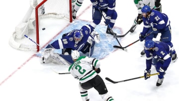 EDMONTON, ALBERTA - SEPTEMBER 19: Jamie Oleksiak #2 of the Dallas Stars scores a goal past Andrei Vasilevskiy #88 of the Tampa Bay Lightning during the second period in Game One of the 2020 NHL Stanley Cup Final at Rogers Place on September 19, 2020 in Edmonton, Alberta, Canada. (Photo by Bruce Bennett/Getty Images)