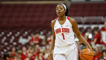 COLUMBUS, OH - FEBRUARY 21: Ohio State Buckeyes Stephanie Mavunga (1) brings the ball up the court during the second half of a regular season Big 10 Conference basketball game between the Northwestern Wildcats and the Ohio State Buckeyes on February 21, 2018 at the Value City Arena in Columbus, Ohio. (Photo by Scott W. Grau/Icon Sportswire via Getty Images)