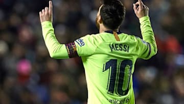 VALENCIA, SPAIN - DECEMBER 16: Lionel Messi of Barcelona celebrates after scoring his sides fourth goal during the La Liga match between Levante UD and FC Barcelona at Ciutat de Valencia on December 16, 2018 in Valencia, Spain. (Photo by Quality Sport Images/Getty Images)