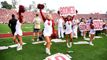 PASADENA, CA - JANUARY 01: Oklahoma Sooners cheerleaders are seen on in the 2018 College Football Playoff Semifinal Game against the Georgia Bulldogs at the Rose Bowl Game presented by Northwestern Mutual at the Rose Bowl on January 1, 2018 in Pasadena, California. (Photo by Harry How/Getty Images)