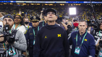 Dec 4, 2021; Indianapolis, IN, USA; Michigan Wolverines head coach Jim Harbaugh after defeating the Iowa Hawkeyes in the Big Ten Conference championship game at Lucas Oil Stadium. Mandatory Credit: Mark J. Rebilas-USA TODAY Sports