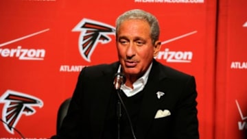 May 9, 2014; Atlanta, GA, USA; Atlanta Falcons team owner Arthur Blank speaks about first round draft pick tackle Jake Matthews (not shown) during a press conference at Falcons Training Facility. Mandatory Credit: Dale Zanine-USA TODAY Sports