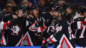Dec 4, 2022; Buffalo, New York, USA; Buffalo Sabres right wing Alex Tuch (89) celebrates his goal with teammates during the third period against the San Jose Sharks at KeyBank Center. Mandatory Credit: Timothy T. Ludwig-USA TODAY Sports