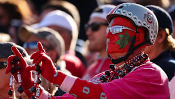 STATE COLLEGE, PA - OCTOBER 29: An Ohio State fan in costume reacts during the second half of the game between the Penn State Nittany Lions and the Ohio State Buckeyes at Beaver Stadium on October 29, 2022 in State College, Pennsylvania. (Photo by Scott Taetsch/Getty Images)