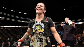 LAS VEGAS, NV - MARCH 03: Cris Cyborg of Brazil celebrates after her TKO victory over Yana Kunitskaya of Russia in their women's featherweight bout during the UFC 222 event inside T-Mobile Arena on March 3, 2018 in Las Vegas, Nevada. (Photo by Jeff Bottari/Zuffa LLC/Zuffa LLC via Getty Images)