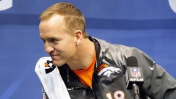 Jan 28, 2014; Newark, NJ, USA; Denver Broncos quarterback Peyton Manning speaks to the media during Media Day for Super Bowl XLVIII at Prudential Center. Mandatory Credit: Adam Hunger-USA TODAY Sports