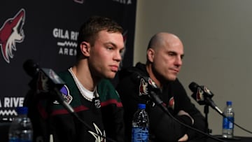 GLENDALE, ARIZONA - DECEMBER 18: Taylor Hall #91 of the Arizona Coyotes talks with the media during a press conference at Gila River Arena on December 18, 2019 in Glendale, Arizona. (Photo by Norm Hall/Getty Images)