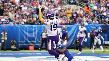 Adam Thielen . Minnesota Vikings. Deandre Baker, New York Giants. (Photo by Al Bello/Getty Images)