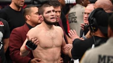 LAS VEGAS, NV - OCTOBER 06: Khabib Nurmagomedov of Russia reacts following a post-fight incident during the UFC 229 event inside T-Mobile Arena on October 6, 2018 in Las Vegas, Nevada. (Photo by Jeff Bottari/Zuffa LLC/Zuffa LLC via Getty Images)
